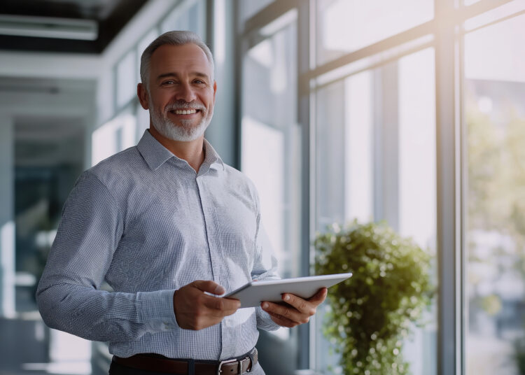Confident mature Caucasian businessman holding tablet in modern office space.