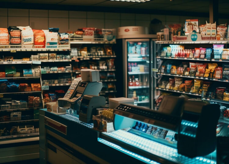 Variety of merchandise on supermarket store shelves generated by artificial intelligence
