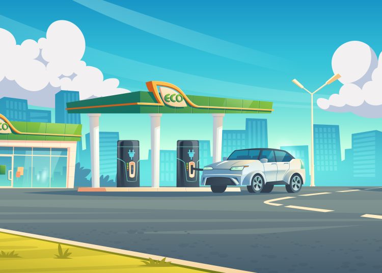 Electric car recharge station, ev refueling service in city of future, hybrid vehicle at battery charger on cityscape background, eco energy fuel selling for urban auto, Cartoon vector illustration