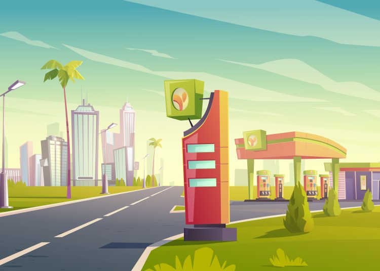 Gas and charger station with oil pump, cable with plug for electric car, market and prices display on road to tropical town. Vector cartoon cityscape with empty fuel filling station for hybrid vehicle