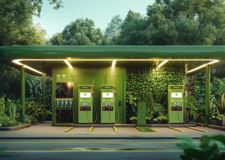 A modern hydrogen refueling station surrounded by lush greenery